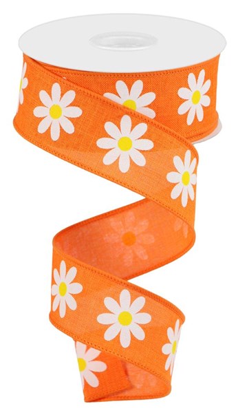 New Orange/White/Yellow - Daisy On Royal - 1.5 Inch x 10 Yards