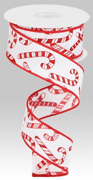 White/Red - Candy Canes On Pongee Wired Edge Ribbon - 1.5 Inch x 10 Yards