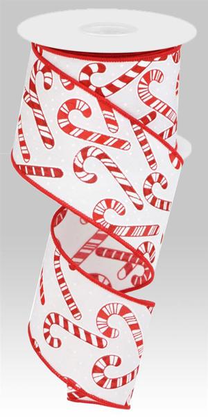 White/Red - Candy Canes On Pongee Wired Edge Ribbon - 2.5 Inch x 10 Yards