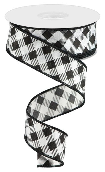 1-1/2 Inch x 10 Yards White/Black Diagonal Check Ribbon