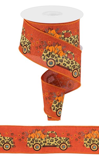 Rust/Dark Gold/Brown/Black/Orange - Leopard Truck/Pumpkins/Royal Wired Ribbon - 2-1/2 Inch x 10 Yards