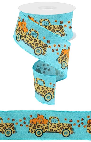 Teal/Dark Gold/Brown/Black/Orange - Leopard Truck/Pumpkins/Royal Wired Ribbon - 2-1/2 Inch x 10 Yards