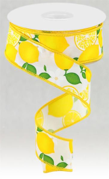 White/Yellow/Green - Lemon with Leaves Flowers Ribbon - 1.5 Inch x 10 Yards