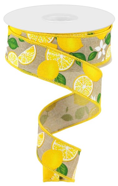 Light Beige/Yellow/Green - Lemon with Leaves Flowers Royal Ribbon - 1.5 Inch x 10 Yards