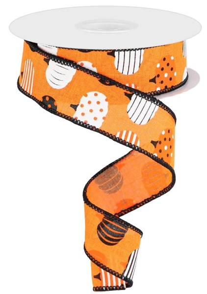 Orange/White/Black - Patterned Pumpkins Wired Ribbon - 1-1/2 Inch x 10 Yards