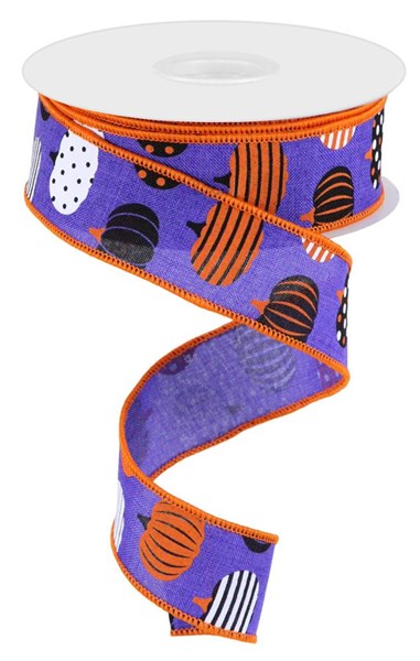 Purple/White/Orange/Black - Patterned Pumpkins Wired Ribbon - 1-1/2 Inch x 10 Yards