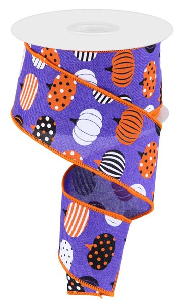 Purple/White/Orange/Black - Patterned Pumpkins Wired Ribbon - 2-1/2 Inch x 10 Yards