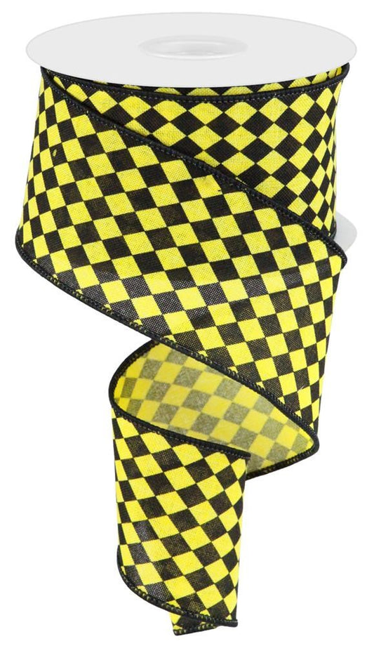 Pre-Order Now & Ship on Dec 20th - Yellow/Black Small Harlequin on Royal Wired Edge Ribbon - 2-1/2 Inch x 10 Yards