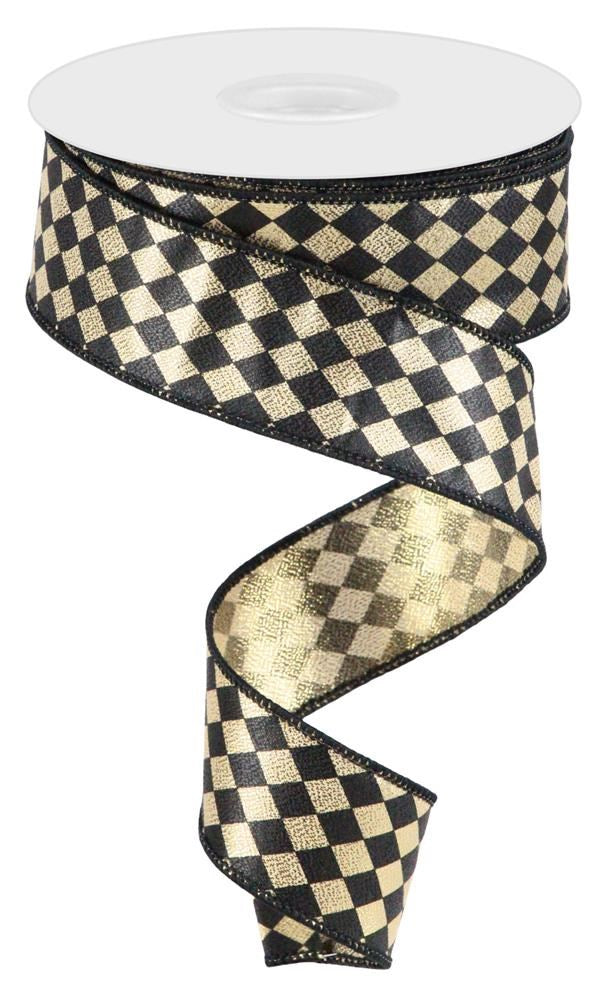 Pre-Order Now & Ship on Dec 20th - Gold/Black Small Harlequin on Metallic Wired Edge Ribbon - 1-1/2 Inch x 10 Yards