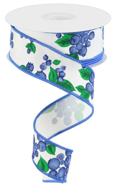 Ivory/Blue/Green - Blueberries Ribbon - 1.5 Inch x 10 Yards