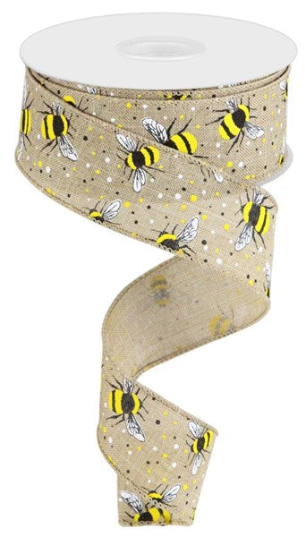 Light Beige/Yellow/White/Black - Bumble Bee On Royal Ribbon - 1-1/2 Inch x 10 Yards