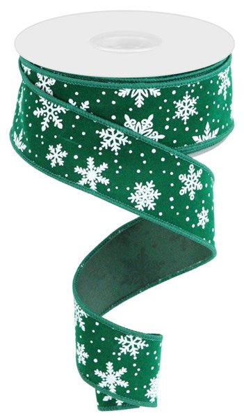 Emerald/White - Mini Snowflake On Velvet Wired Edge Ribbon - 1.5 Inch x 10 Yards