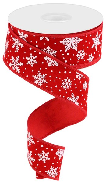 Red/White - Mini Snowflake On Velvet Wired Edge Ribbon - 1.5 Inch x 10 Yards