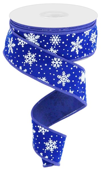 Royal Blue/White - Mini Snowflake On Velvet Wired Edge Ribbon - 1.5 Inch x 10 Yards