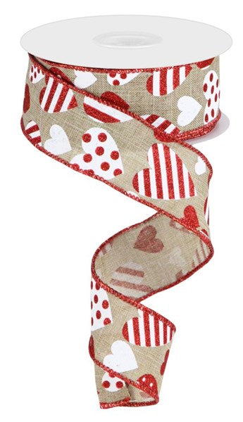 Beige/White/Red - Valentine Hearts On Royal Ribbon - 1.5 Inch x 10 Yards