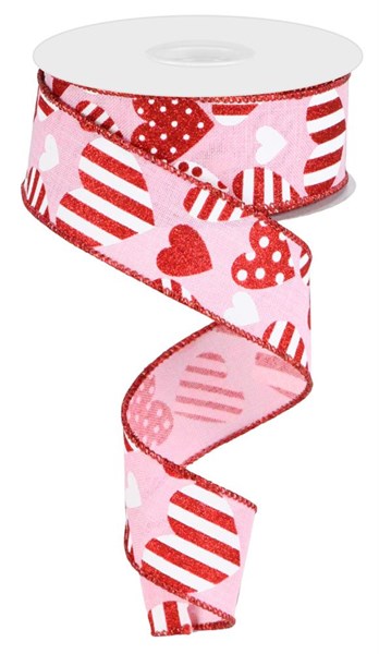 Pre-Order Now & Ship on Dec 23rd - White/Red/Light Pink - Valentine Hearts On Royal Wired Edge Ribbon - ( 1-1/2 Inch | 10 Yards )