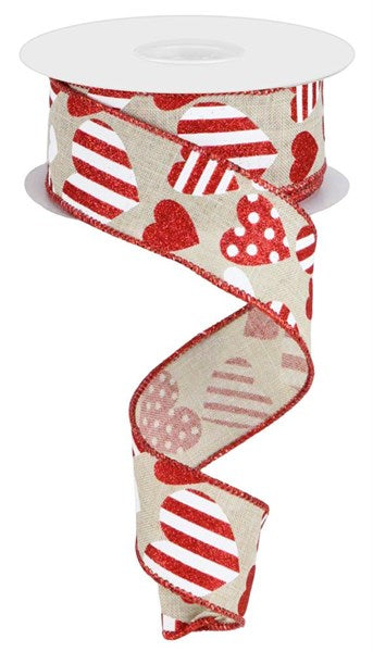 Pre-Order Now & Ship on Dec 23rd - Natural/White/Red - Valentine Hearts On Royal Wired Edge Ribbon - ( 1-1/2 Inch | 10 Yards )