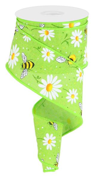 Lime/White/Yellow/Green/Orange/Black - Bumble Bee Daisy On Royal Ribbon - 2.5 Inch x 10 Yards