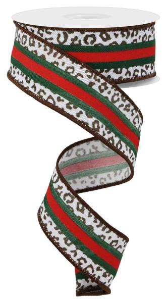 White/Red/Emerald/Brown - Leopard/Ctr Stripes/Faux Royal Ribbon - 1-1/2 Inch x 10 Yards