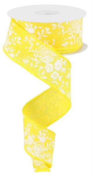 1-1/2 Inch x 10 Yards Yellow/White Mini Rose On Royal Ribbon