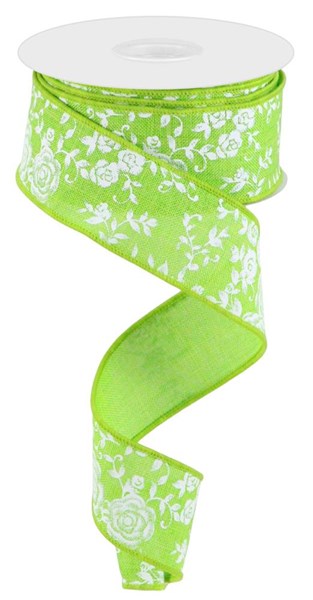 Lime Green/White - Mini Rose On Royal Ribbon - 1-1/2 Inch x 10 Yards