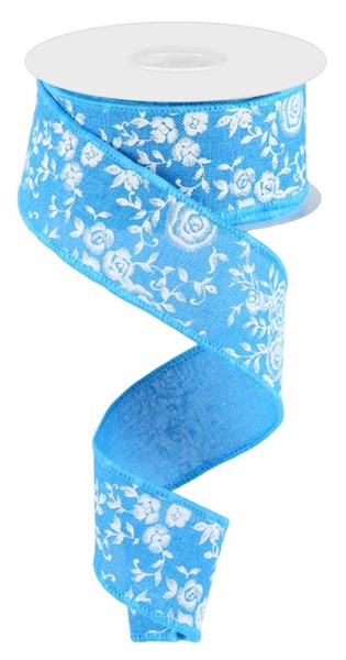 Turquoise/Blue/White - Mini Rose On Royal Ribbon - 1-1/2 Inch x 10 Yards