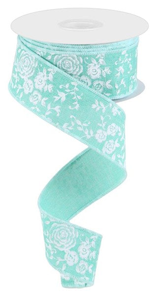 Dark Mint/White - Mini Rose On Royal Ribbon - 1-1/2 Inch x 10 Yards