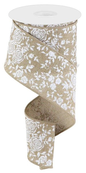 Light Beige Royal Ribbon - White Mini Rose - 2-1/2 Inch x 10 Yards