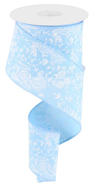 Pale Blue/White - Mini Rose On Royal Ribbon - 2-1/2 Inch x 10 Yards