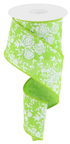 Lime Green/White - Mini Rose On Royal - 2.5 Inch x 10 Yards