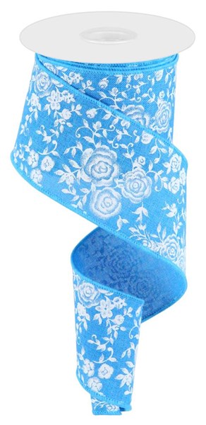 Turquoise/Blue/White - Mini Rose On Royal Ribbon - 2-1/2 Inch x 10 Yards