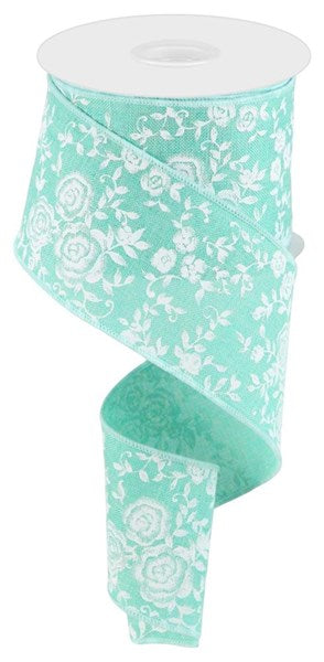 Dark Mint/White - Mini Rose On Royal Ribbon - 2-1/2 Inch x 10 Yards