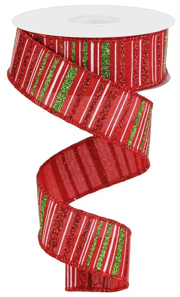 Red/Red/Lime Green - Glitter Stripe On Royal Burlap Ribbon - 1.5 Inch x 10 Yards