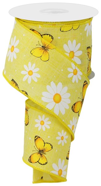 Yellow/White/Gold/Black - Butterfly Daisy On Royal Ribbon - 2.5 Inch x 10 Yards