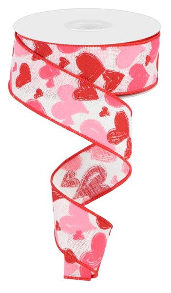 Pre-Order Now & Ship on Dec 23rd - White/Red/Hot Pink/Light Pink - Hand Drawn Hearts/Gauze Wired Edge Ribbon - ( 1-1/2 Inch | 10 Yards )