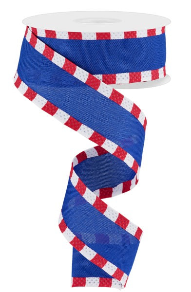 Pre-Order Now & Ship on Dec 23rd - Royal Blue/Red/White - Faux Royal Burlap/Stripe Wired Edge Ribbon - ( 1-1/2 Inch | 10 Yards )