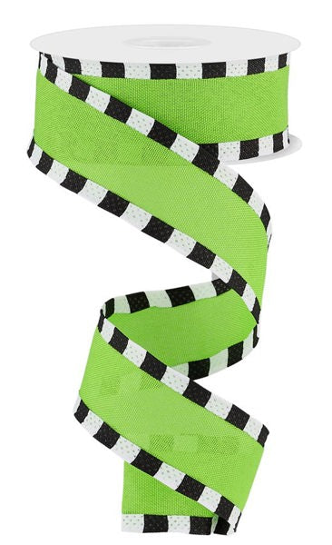 Pre-Order Now & Ship on Dec 23rd - Fresh Green/Black/White - Faux Royal Burlap/Stripe Wired Edge Ribbon - ( 1-1/2 Inch | 10 Yards )