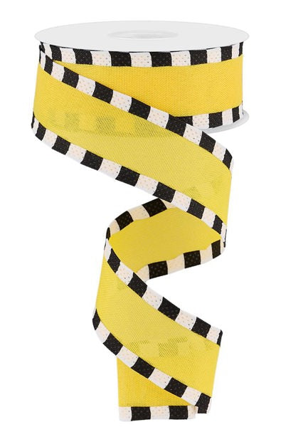 Pre-Order Now & Ship on Dec 23rd - Yellow/Black/White - Faux Royal Burlap/Stripe Wired Edge Ribbon - ( 1-1/2 Inch | 10 Yards )