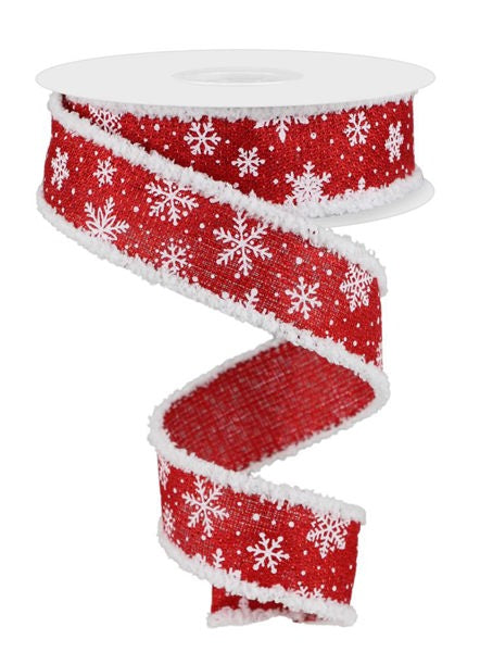 Red/White - White Snowflake/Met/Drift Wired Edge Ribbon - 1.5 Inch x 10 Yards