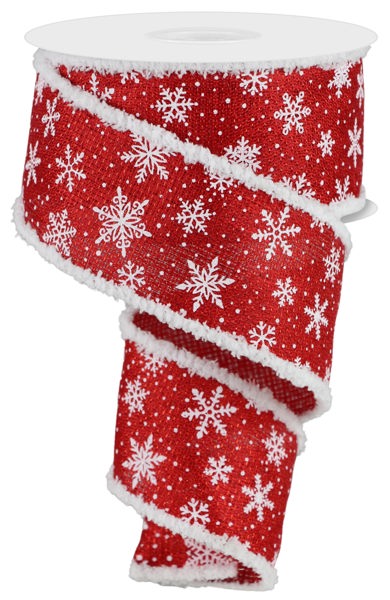 Red/White - White Snowflake/Met/Drift Wired Edge Ribbon - 2.5 Inch x 10 Yards