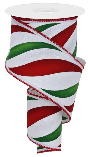 White/Red/Green - Swirl Candy Stripe Ribbon - 2.5 Inch x 10 Yards