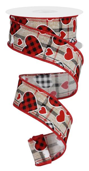 Pre-Order Now & Ship on Dec 23rd - Beige/Red/Black/White - Check Heart/Mini Heart/Plaid Wired Edge Ribbon - ( 1-1/2 Inch | 10 Yards )