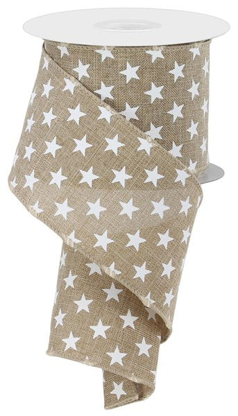 Light Beige Ribbon w/ White Random Star - 2-1/2 Inch x 10 Yards