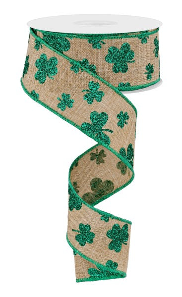 Light Beige/Kelly Green - Glitter Shamrocks Ribbon - 1.5 Inch x 10 Yards