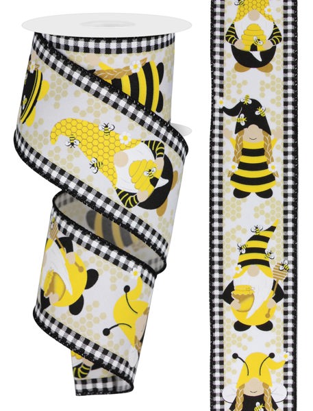 White/Yellow/Gold/Black - Gnome with Bees - 2.5 Inch x 10 Yards