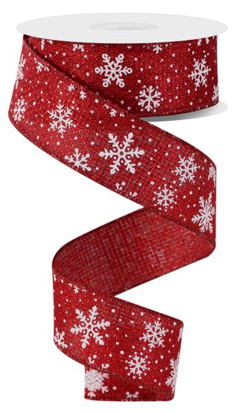 Red/White - White Snowflake/Metallic Woven Wired Edge Ribbon - 1.5 Inch x 10 Yards