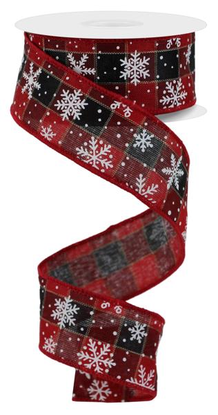 Red/Black/White - White Snowflakes On Check Wired Edge Ribbon - 1.5 Inch x 10 Yards