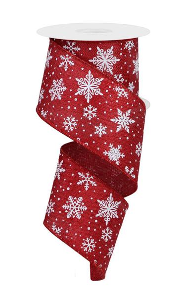 Red/White - White Snowflakes On Woven Wired Edge Ribbon - 2.5 Inch x 10 Yards