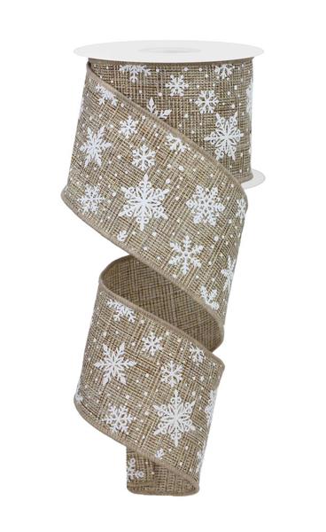 Natural/White - White Snowflakes On Woven Wired Edge Ribbon - 2.5 Inch x 10 Yards