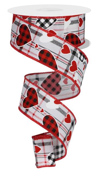 Pre-Order Now & Ship on Dec 23rd - White/Red/Black - Check Heart/Mini Heart/Plaid Wired Edge Ribbon - ( 1-1/2 Inch | 10 Yards )